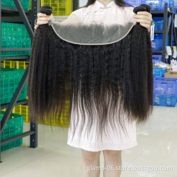 Annione Yaki Kinky Straight Hair Bundle With Lace Frontal Brazilian Human Hair Weave Bundles Vendor 2 3 Bundles With Frontal